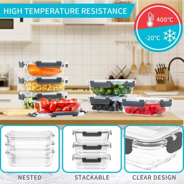 Skroam 10 Pack Glass Meal Prep Containers, Glass Airtight Food Storage Containers with Lids, Pantry Kitchen Storage Containers for Lunch, Food Storage, Meal Prep, Glass Lunch Bento Boxes - 22 OZ - Image 5