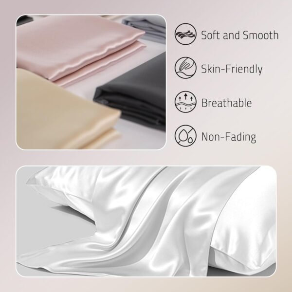 Mulberry Silk Pillow Cases Set of 2, Both Sides Real Silk Pillowcase for Hair and Skin Prevent Acne Pillowcase Organic Silk Pillowcase 2 Pack with Hidden Zipper, White, Standard (20"×26") - Image 2