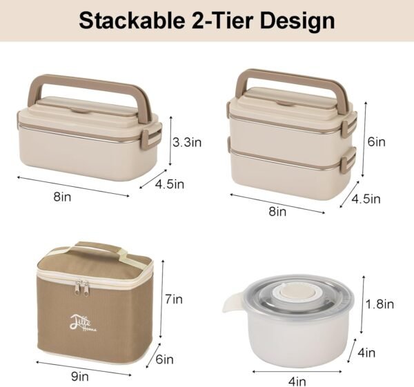 Lille Home Bento Box Adult Lunch Box, Stainless Steel Compartment Tiffin Lunch Snack Box, 2-Tier Bento Food Container, 68 oz Stackable Lunch Box with Lunch Bag and Soup Bowl (Beige) - Image 4
