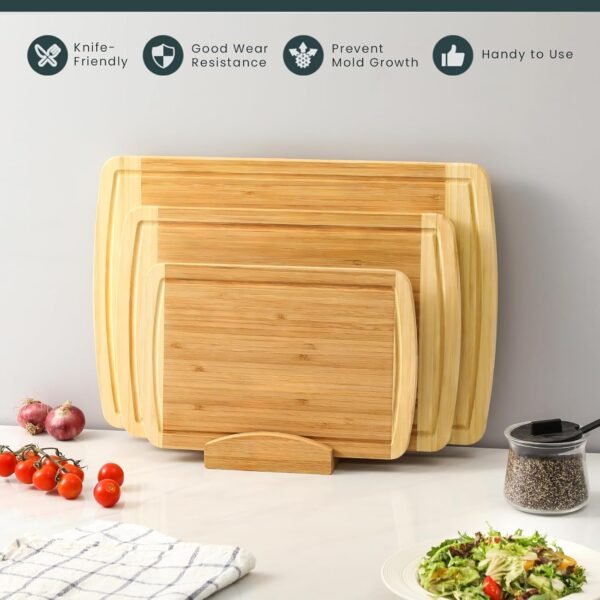 Hiware 3-Piece Extra Large Wooden Cutting Boards For Kitchen, Bamboo Cutting Board with Holder, Wood Cutting Board Set, Heavy Duty Chopping Board for Meat, Serving Tray Set- Two Tone - Image 4