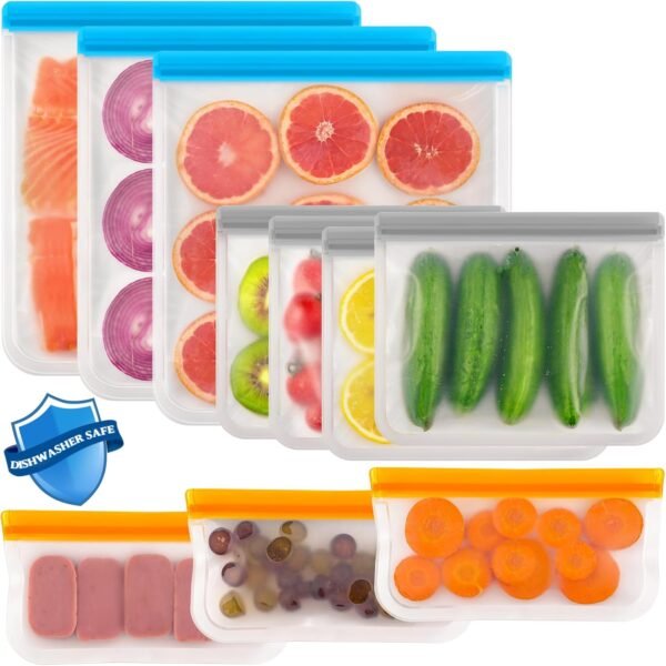 ANZNKU 10 Pack Reusable Food Storage Bags, BPA Free PEVA Reusable Freezer Bags, Dishwasher Safe Silicone Bags, Leak-proof Reusable Lunch Bags for Kitchen(3 Gallon Bags+4 Sandwich Bags+3 Snack Bags)