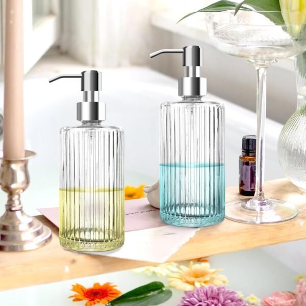 Glass Soap Dispenser with Rust Proof 304 Stainless Steel Pump,Refillable Hand and Dish Soap Pump Dispenser 15 oz with Stoppers and Funnel,Premium Bathroom Soap Dispenser for Kitchen,Lotion 2 Pack - Image 3