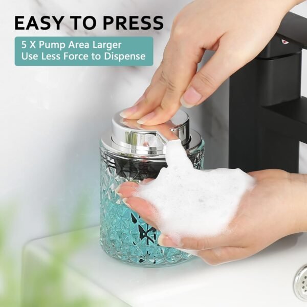 Foaming Soap Dispenser, Clear Glass Foam Hand Soap Dispenser for Bathroom, Refillable 10 Oz Foamy Pump Bottle with Plastic Sliver Pump, Modern Diamond Dish Soap Foam Dispenser Container - Image 3