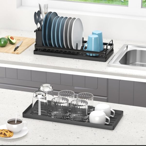 Small Dish Drying Rack, Compact Sink Dish Rack with 2pcs Silicone Drying Mats, Dish Drainer Kitchen Dish Organizer Sponges Holder for Kitchen Counter, Bar, Bottle, Cup - Image 3