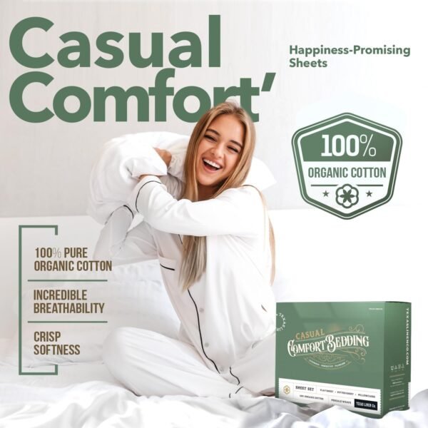TEXAS LINEN CO. 100% Organic Cotton Percale Sheets King Size - White Cotton Percale Sheets King, 4 PC King Percale Sheet Set, Breathable, Crisp, Cooling Sheets, 16" Deep Pocket Hotel Sheets King Size - Image 2