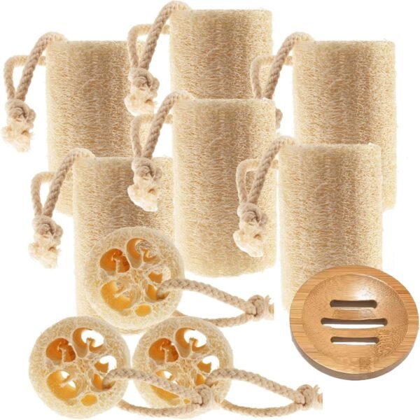 Natural Loofah Sponge with Bamboo Soap Dish Set, 9 pcs Organic Loofah Sponge - Exfoliating Body Scrub for Bath & Shower, Gentle Natural Loofah Exfoliating Body Scrubber - Exfoliating Body Scrubber