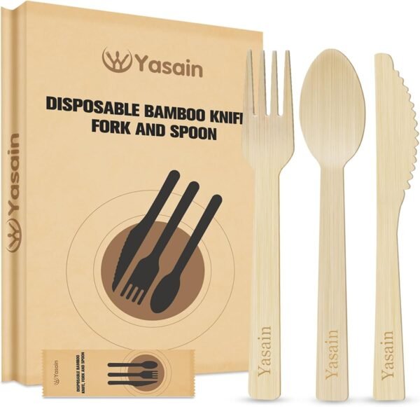 100% Bamboo Utensils Set - Individually Wrapped Disposable Bamboo Cutlery (100PCS:50 Forks 25 Spoons 25 Knives), Compostable Portable Bamboo Flatware for Wedding, Camping, Picnic, Party