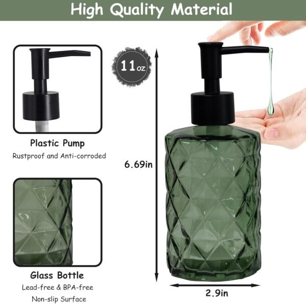 Green Glass Soap Dispenser with Black Plastic Pump, 12oz Refillable Liquid Hand Soap Dispenser, 2 Pack Crystal Lotion Bottle for Modern Home Decor, Bathroom, Kitchen Countertop, Hotel - Image 2