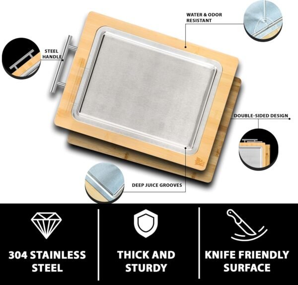 Stainless Steel Cutting Board & Wooden Cutting Boards For Kitchen - Large Cutting Board Reversible - Food Tray and Chopping Block for Meats, Vegetables, Cheese, Fruits. - Image 6