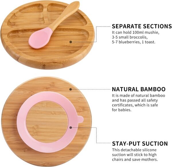 Toddler Bamboo Plates, Bowls and Spoon Set, Wooden Feeding Utensils for Infant’s Easy Self Eating at 1 Stage, Stay Put Silicone Suction Plate and Bowl and Soup Spoon for Baby Led Weaning - Image 3