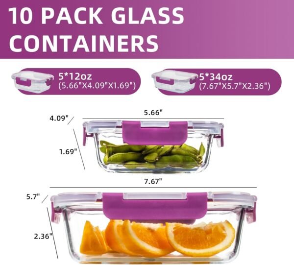 UMEIED 10 Pack Glass Food Storage Containers with Lids, Leakproof Airtight Glass Meal Prep Containers For Lunch, On The Go, Leftover, Dishwasher Safe - Image 2