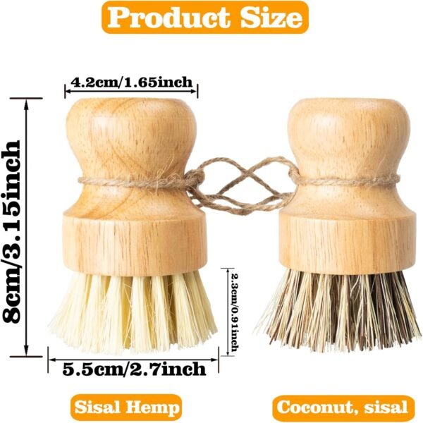2 Pack Round Wooden Dish Brush, Natural Fiber Scrub Brush Set, Durable Scrubber Cleaning Tools for Cleaning Vegetables, Pots and Pans - Image 2