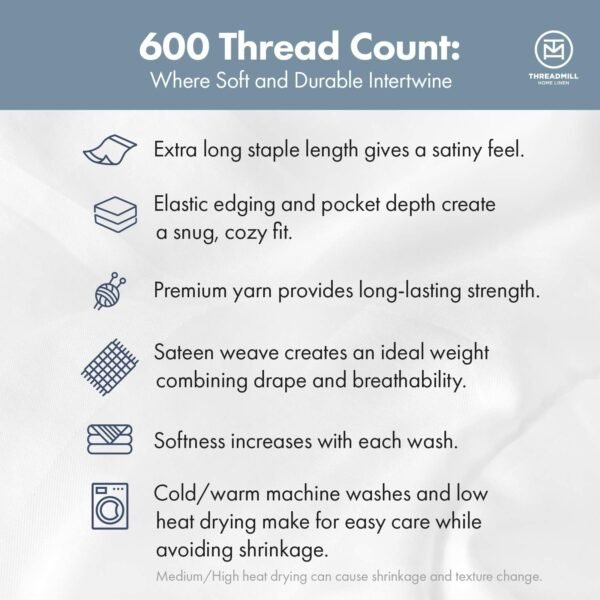 Threadmill 100% Cotton Sheets for King Size Bed - 600 Thread Count King Bed Sheets Set with 16” Deep Pocket - Sateen Weave 4-Piece Bedding Set with Cooling Effect, White - Image 3