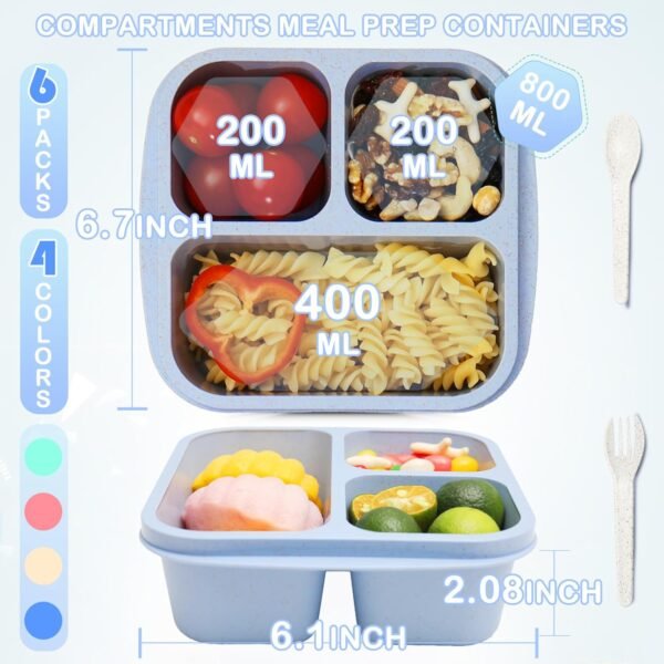Kids Bento Box 6 Pack, 3 Compartment Snack Containers, Meal Prep Containers Reusable Lunch Containers for Kids Toddler Adults, Small Bento Snack Box for School, Work and Travel - Image 2