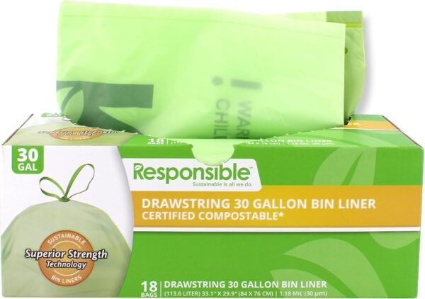100% Compostable Tall Kitchen Garbage Bags, Heavy Duty 30 Gallon Trash Bags Drawstring(18 Count), Recycling Food Scrap Yard Waste Bathroom Garbage Bags