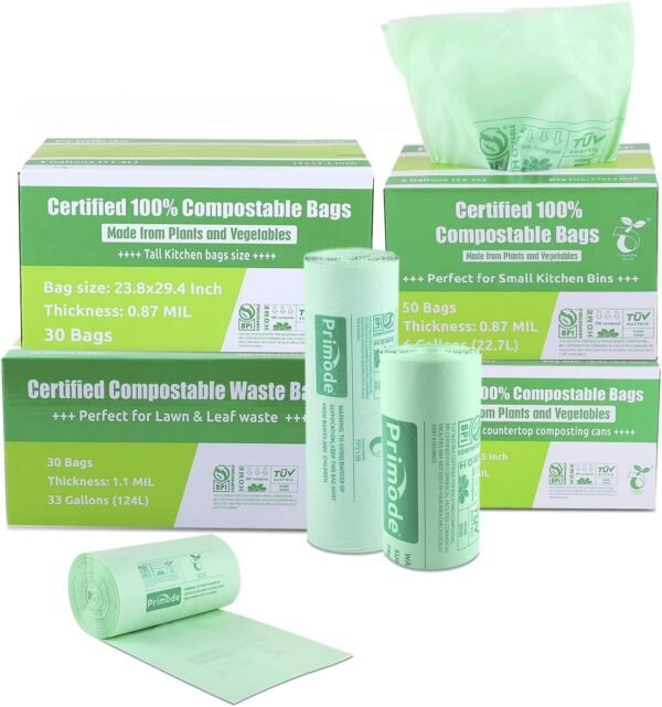 Primode Compostable Bags 13 Gallon, Tall Kitchen Trash Bags, 100 Count, Extra Thick 0.87 Mil. ASTMD6400 Food Scrap Yard Waste Compost Bags, Certified by BPI and TÜV AUSTRIA - Image 6