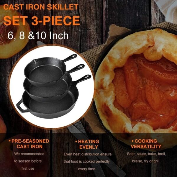 Pre-Seasoned Cast Iron Skillet Set of 3 | 6", 8" & 10" Cast Iron Frying Pans with 3 Heat-Resistant Holders - Indoor and Outdoor Use - Oven Grill Stovetop Induction Safe Cookware - Image 3