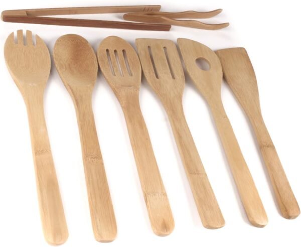 BambooMN Organic Bamboo Utensil Set Spatula Spoon Tongs - 8 Piece - Image 2