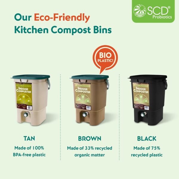 All Seasons Indoor Composter Starter Kit – 5 Gallon Tan Compost Bin For Kitchen Countertop With Lid, Spigot & 1 Gallon (2 lbs.) Bag Of Dry Bokashi Bran – by SCD Probiotics - Image 9