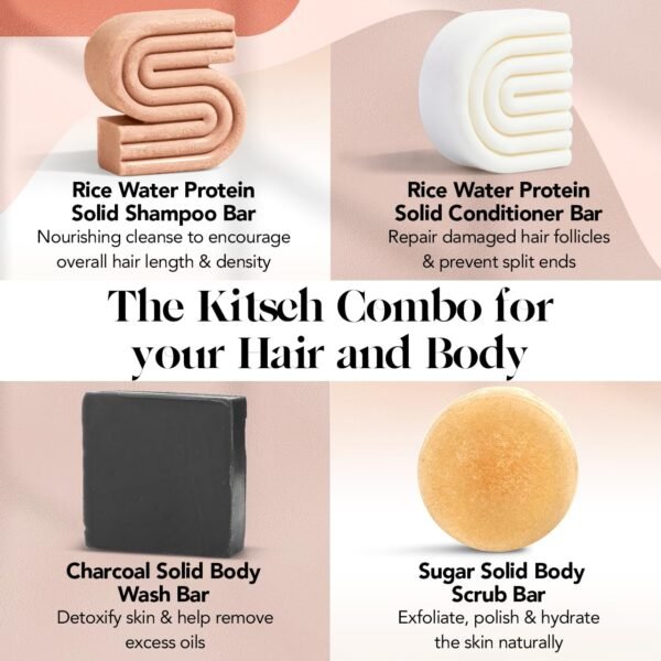 Kitsch 4-Piece Bar Set - Rice Water Shampoo & Conditioner Bars, Charcoal Body Soap Bar, Sugar Scrub Bar - Solid Bars w/Castor Oil & Coconut Oil - Vegan, Paraben & Sulfate Free, Hair & Body Care - Image 2