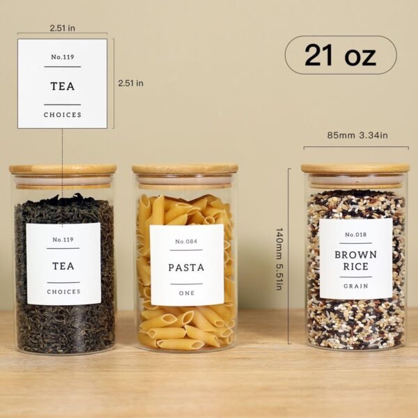 8 Pack Glass Jar with Airtight Bamboo Lid and White 132 Kichen Pantry Labels Preprinted - 21 Oz Clear Round Glass Food Storage Containers set For Tea Coffee Sugar Spice - Image 3
