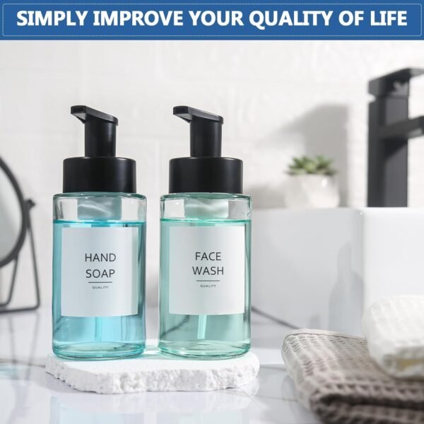 Foaming Soap Dispenser, 12 Oz Foaming Hand Soap Dispenser, 2 Pack Glass Foaming Soap Dispenser for Bathroom & Kitchen, Clear Refillable Foam Soap Dispenser Pump Bottle with Waterproof Labels - Image 6