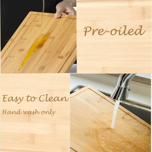 Large Bamboo Cutting Boards for Kitchen Cheese Chopping Board Wood Cutting Board with Juice Groove and Side Handles - Image 5