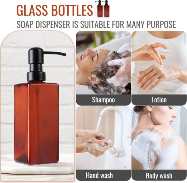 Alotpower Amber Glass Soap Dispenser 12 oz,2pack Glass Soap Dispenser with Pump,Refillable Square Amber Soap Dispenser Glass for Kitchen & Bathroom - Image 6