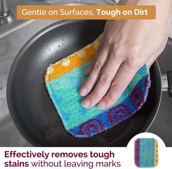 Reusable Dish Scrubber Sponge Set - Non-Scratch Scouring Pads & Scrubbing Cloths Made of Natural Organic Cotton Fibers with Food-Grade Hardener Coating for Kitchen, Bathroom & Household Cleaning (4) - Image 2