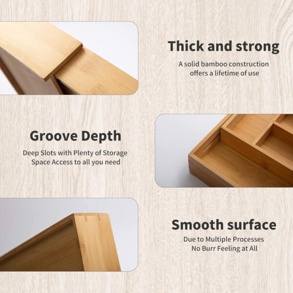 2-Piece Bamboo Silverware Organizer, Expandable Kitchen Drawer Organizer for Cutlery and Utensils, Multifunction Adjustable Bamboo Wood Cutlery Tray in Drawer for Flatware, (Natural) - Image 4