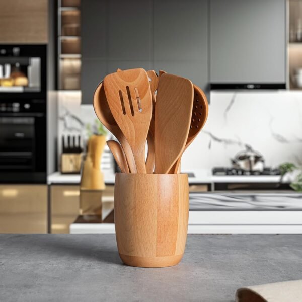 11 PCS WOSPONFAN Kitchen Utensils Set - Wooden Spoons for Cooking, Natural Beech Wood Wooden Utensils - Includes Wooden Spoons, Spatula Set, Slotted Spoon - Handmade Wooden Spoon Set - Image 2