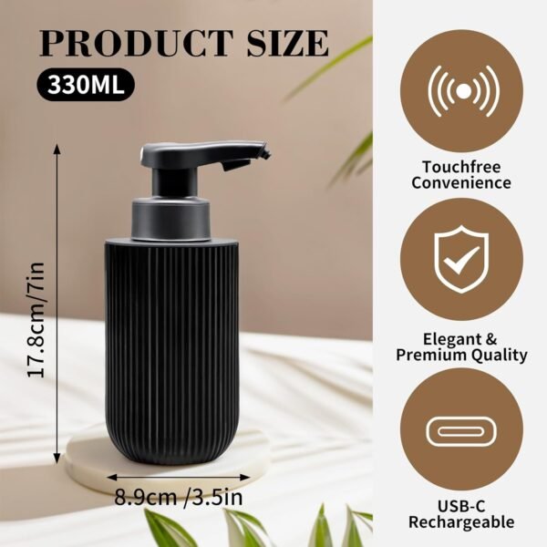 12 oz Automatic Touchless Glass Soap Dispenser, Rechargeable Hands Free Ribbed Liquid Soap Dispenser with Electric Sensor Pump,Black Refillable Auto Soap Bottle for Bathroom Kitchen Dish Countertop - Image 2