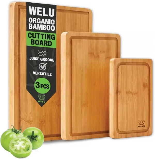 Wooden Cutting Board 3-Piece With 3 Assorted Sizes - Reversible Organic Bamboo Chopping Boards for Kitchen with Juice Grooves For Meal Prep & Serving Gifts.