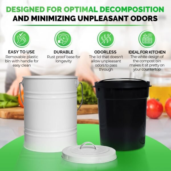 Kitchen Compost Bin with Airflow Lid, 1.3 Gallon Metal Countertop Compost Bucket, Indoor Composter, White - Image 5