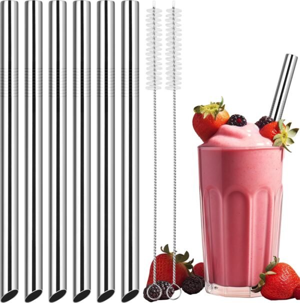 NiHome 6-Pack Stainless Steel Smoothie/Milkshake Straws, 0.5'' Extra Wide Reusable Metal Straw, 10.5’’ Long Straight Drinking Straws for Boba, Thick Beverages, Cold Drinks, 2 Brushes (Silver)