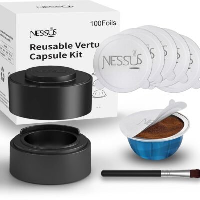 Nessus Reusable Vertuo Capsule Kit, [ALSeal EZ FIT] for Reusable Nespresso Pods with 100 Pcs Aluminum Foil Seal Lids, Holder, Brush, for Refilling Nespresso Vertuo Pods Reusable Vertuoline Pod