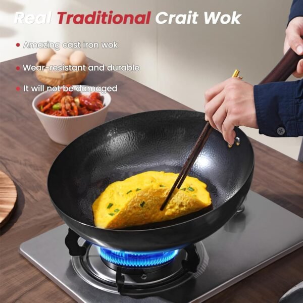 Carbon Steel Wok Pan, 13.5″Woks & Stir-Fry Pans with Wooden Lid Cookwares, Nonstick Wok, No Chemical Coated Round Bottom Hand Hammered Chinese Wok For Gas - Image 6