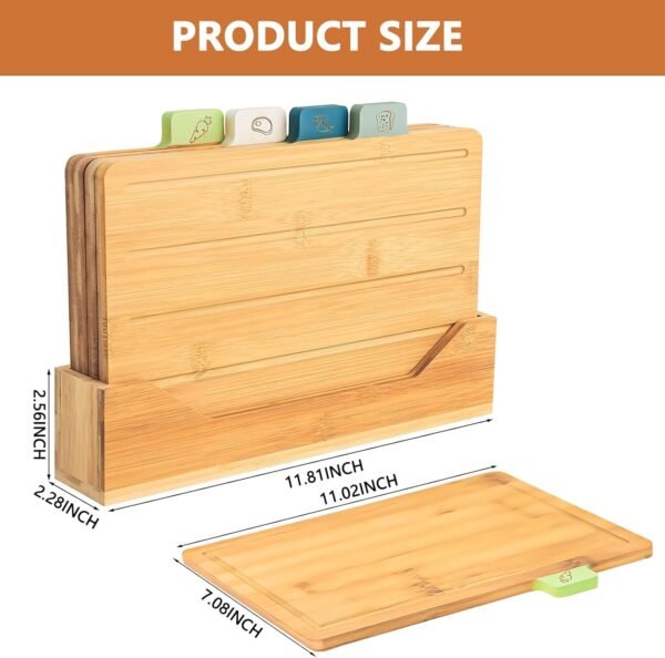 Bamboo Cutting Board Set of 4 with Labeled Food Icon for Kitchen- Wood Cutting Board with Stand Chopping Boards Set with Holder for Meat, Fish, Bread, Vegetable Chopping - Image 2