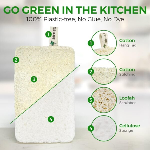 Natural Loofah Sponges for Dishes - Compostable Loofah and Cellulose Kitchen Sponges Pack of 6 - Plastic Free Loofah Dish Sponges Kitchen with Cotton Hanging Loop - Image 2