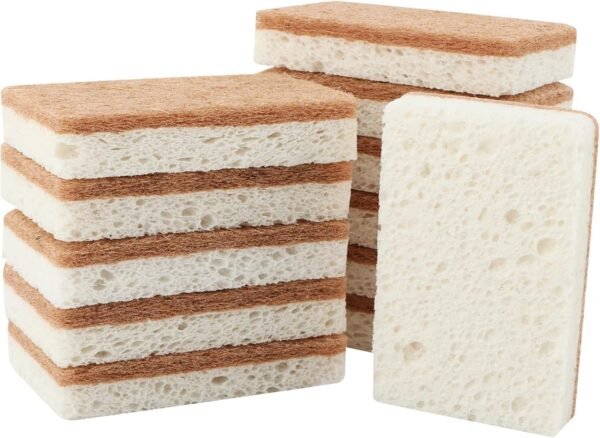 12pcs Natural Sponges for Dishes, Biodegradable Compostable Cellulose and Coconut Scrubber Sponge, Non-Scratch Reusable Cleaning Sponge for Removing Dirt and Oil in The Kitchen(Brown+White) - Image 9