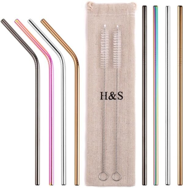 H&S Reusable Metal Straws for Drinking - 8pcs - Multi Colored Stainless Steel Straw Set - With Cleaner Brush & Pouch