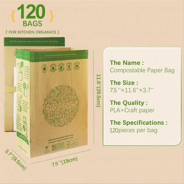 HYTREND-Kitchen Food Waste Bag-120 Bags-%100 Compostable paper Bag - Leak Resistant- Plastic Free - Small-Certified by BNQ and BPI - Image 2
