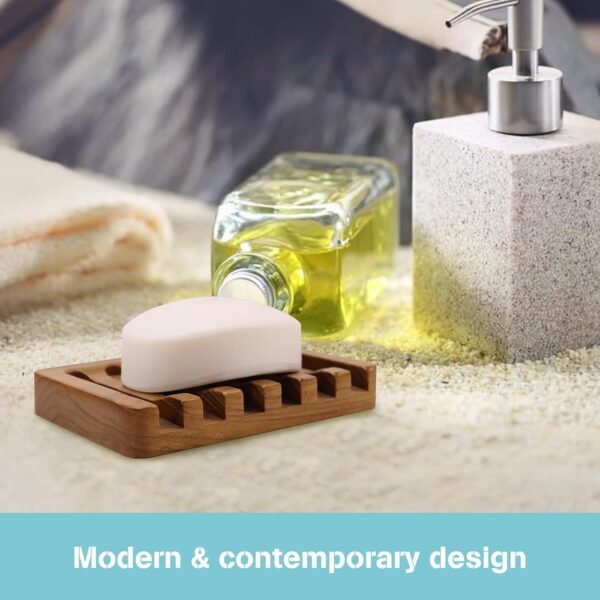 Soap Dish with Slanted Waterfall Design by HTB, Bar Soap Holder Teak Wood, Soap Saver for Shower, Bathroom, Sink, Kitchen and Countertop - Image 5