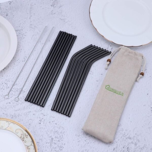 18 Piece Black Stainless Steel Straws, 8.5 '' Reusable Drinking Straws,with Portable pouch (8 Straight/8 Bent/2 Brushes) - Image 3