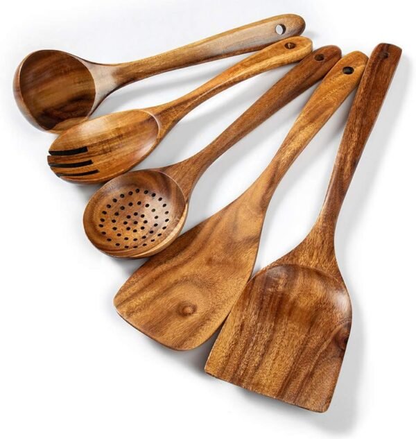 Wooden Kitchen Utensils Set, 5 PCs Natural Acacia Spurtle Set for Non-stick Pan Kitchen Tool Ladle and Wok Spatulas, Salad fork