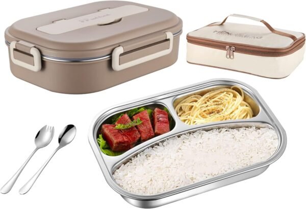 Bento Box,1000ml Stainless Steel Lunch Box,Versatile 3-Compartment Portable Lunch Box Container-Salad Lunch Containers for Adults/Kids with Spoon Fork Thermos Bag Accessories (Khaki)