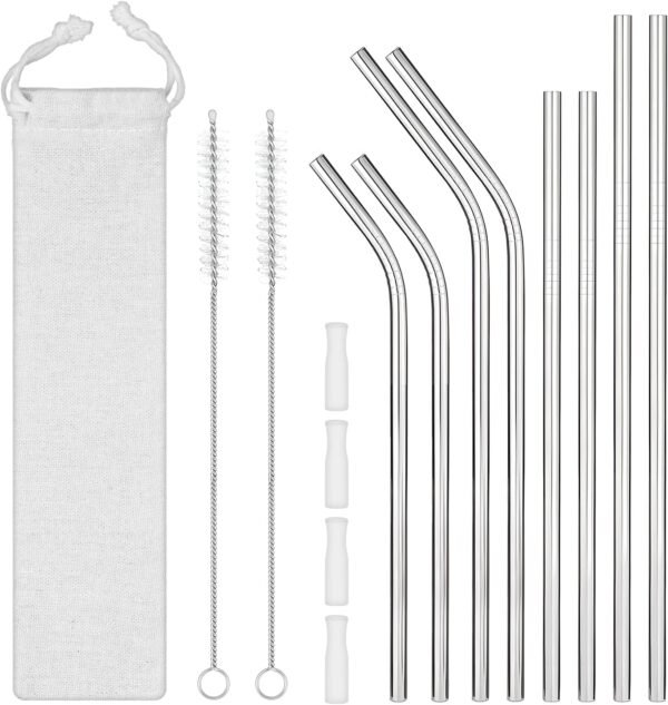 8 Pack Reusable Stainless Steel Straws, 2 Straw Cleaning Brushand 4 Silicone Tips with 1 Travel Case, Metal Straws for Smoothies Tumblers Cocktail MilkShake