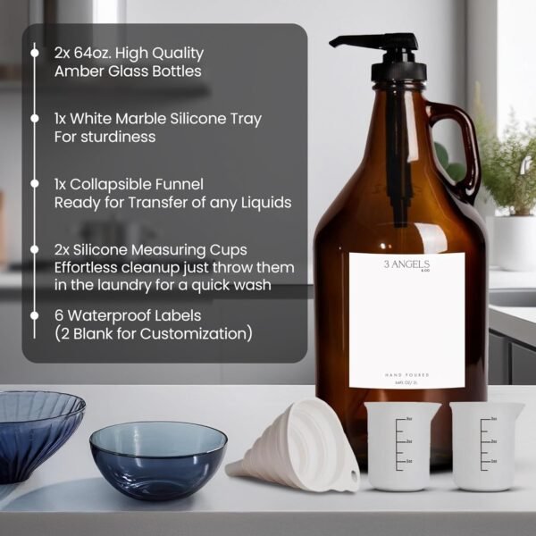 Glass Laundry Detergent Dispenser (Pack of 2) - Durable Amber Soap Dispenser Jars - Liquid Soap Dispenser w/ Silicone Tray, Labels, Measuring Cups, & More - Versatile Laundry Organization and Storage