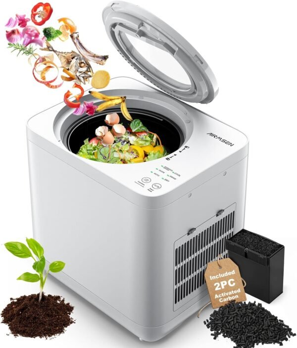 AIRMSEN 4L Electric Kitchen Composter 3-5H Rapid Composting, 320℉ Drying - Mill Composter Includes Serrated Blade and 2 Odorless Filter - Compost Bin for Indoor & Outdoor - White