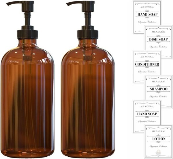 16 OZ Thick Amber Glass Soap Dispenser with Plastic Pump 2 Pack, Hand and Dish Soap Dispenser Set for Bathroom with 6 Waterproof Labels
